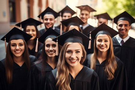 happy students in mortarboards and bachelor gowns standing in front of universityの素材