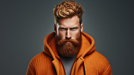 Portrait of a handsome redhead man in an orange sweater.の素材