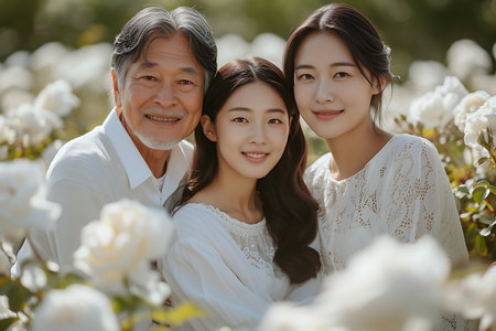 Portrait of asian family standing in the garden with white flowers