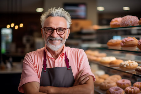 Portrait of mature male baker standing with arms crossed in bakery shopの素材
