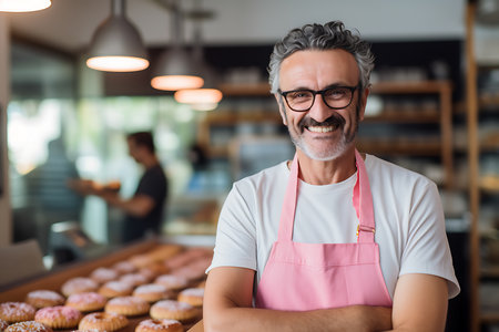 Portrait of smiling senior male baker standing with arms crossed in bakeryの素材