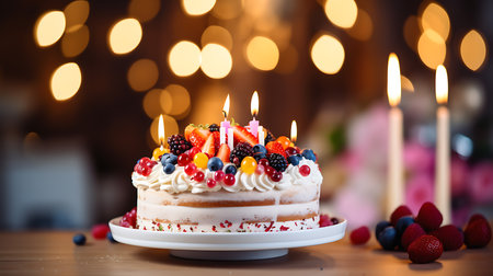Birthday cake with candles and berries on wooden table on blurred backgroundの素材