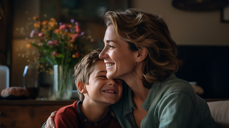 portrait of happy mother and son hugging and looking at each other at homeの素材