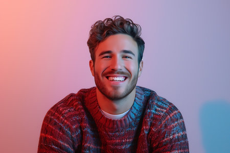 Portrait of a handsome young man in a red sweater on a purple background.の素材