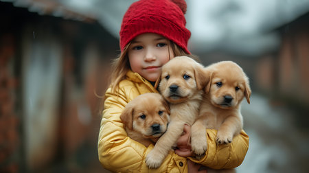 Cute little girl with golden retriever puppies outdoors on cold winter dayの素材