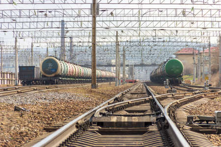 Vladivostok, Russia - April, 26, 2020: Freight trains with fuel on the tracks of the Okeanskaya...