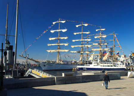 Vladivostok, Russia - September, 09, 2018: Sailing frigate Nadezhda (Hope) during the training...