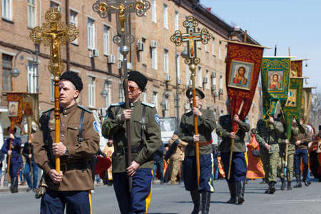 Vladivostok, Russia -April 08, 2018: Priests and Cossacks at the Easter procession in the center of Vladivostok.のeditorial素材