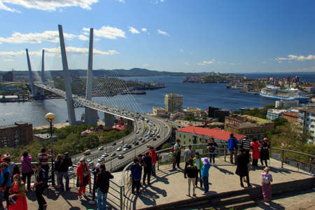 Vladivostok, Russia - September 18, 2019: Tourists from China and Korea, arrived on a cruise ship "Quantum of the seas" on a viewing platform on the hill "Eagle's Nest".のeditorial素材
