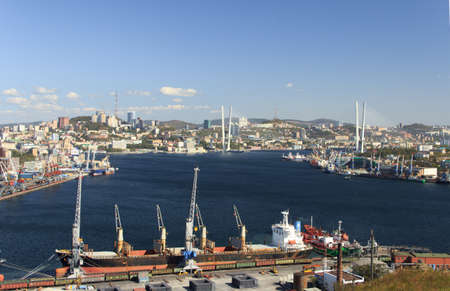 Vladivostok, Russia - October, 5, 2019: Panorama of the port and the city center from a viewing platform at the top of Krestovaya Hill.のeditorial素材