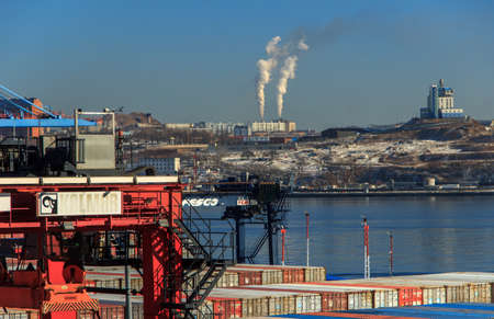 Vladivostok, Russia - January, 02, 2020: Container terminal of Vladivostok Trade Port.のeditorial素材