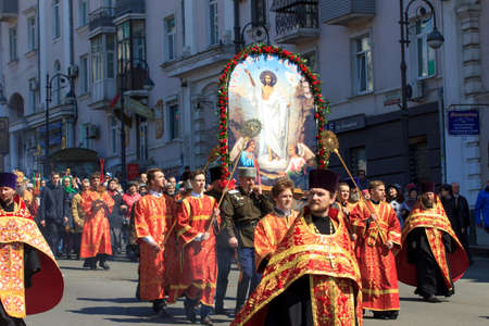 Vladivostok, Russia -April 08, 2018: Priests at the Easter procession in the center of Vladivostok.
