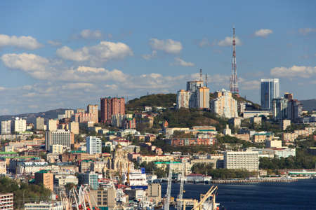 Vladivostok, Russia - October, 05, 2019: View of the central part of the city from the viewpoint on the Krestovaya hill.のeditorial素材