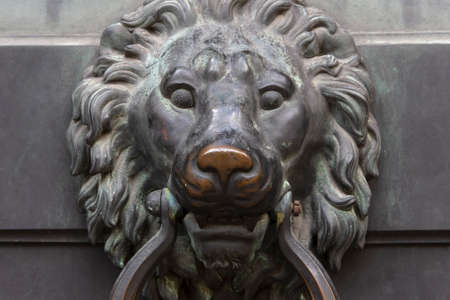 Antique bronze door knocking knob ring in the form of a lion's face on an old door.