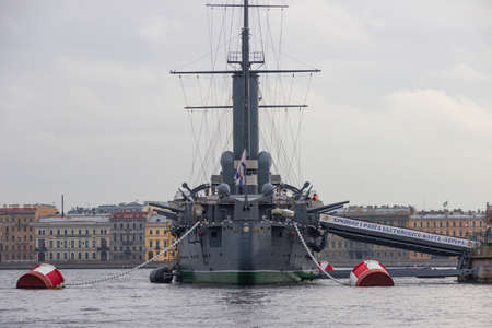 St. Petersburg, Russia - October, 29, 2020: The Baltic Fleet cruiser Aurora, which fired the signal...
