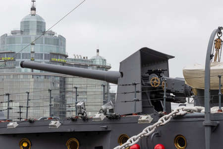 St. Petersburg, Russia - October, 29, 2020: An artillery gun at the stern of the Baltic Fleet cruiser Aurora in St. Petersburg.