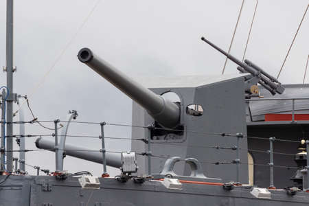 St. Petersburg, Russia - October, 29, 2020: An artillery gun at the stern of the Baltic Fleet...