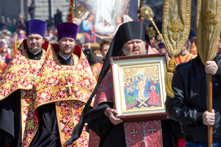 Vladivostok, Russia - April, 08, 2020: Russian Orthodox priests during the Easter procession in Vladivostok.のeditorial素材