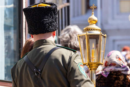 Vladivostok, Russia - April, 08, 2020: Holy fire during the procession on Easter.のeditorial素材