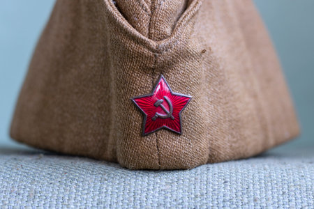 St. Petersburg, Russia - December, 24, 2020: Soviet garrison cap with a red star with a hammer and sickle.のeditorial素材