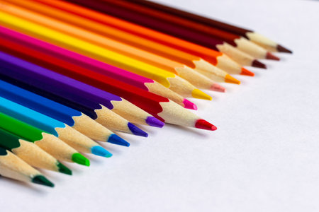 Colored pencils lying in a row on a sheet of white paper.の写真素材