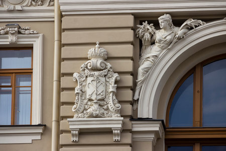St. Petersburg, Russia - March 23, 2021: Artistic decoration of facades of buildings in St. Petersburg. Beautiful elements of architecture.のeditorial素材