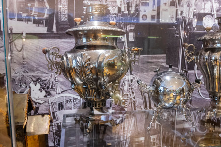 Tula, Russia - April, 30, 2021: Exhibits of the Tula Museum of samovars - Russian traditional teapots for boiling water and making tea.のeditorial素材
