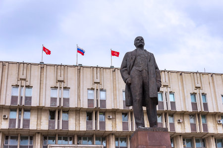 Tula, Russia - April, 30, 2021: Monument to Lenin at the city administration building in the center of Tula.のeditorial素材