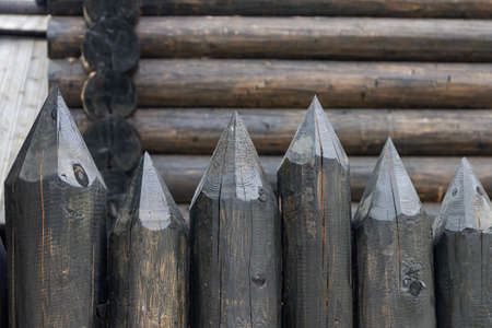 A protective fence made of logs with sharp upper ends, used in ancient Russia to protect against...