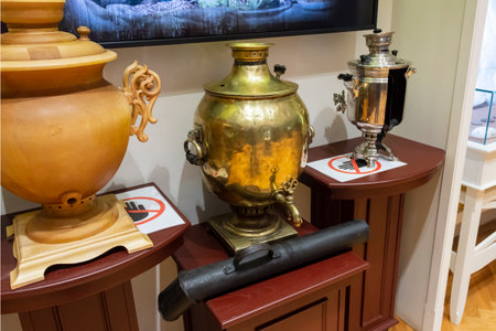 Tula, Russia - April, 30, 2021: Exhibits of the Tula Museum of samovars - Russian traditional teapots for boiling water and making tea.のeditorial素材