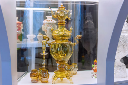 Tula, Russia - April, 30, 2021: Exhibits of the Tula Museum of samovars - Russian traditional teapots for boiling water and making tea.のeditorial素材