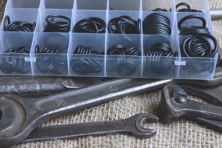 A set of rubber O-rings. Gaskets used in hydraulics, pneumatics and connections of parts of...