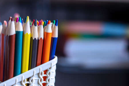There are a lot of colored pencils standing vertically in a stationery stand. A set for fine art.の写真素材
