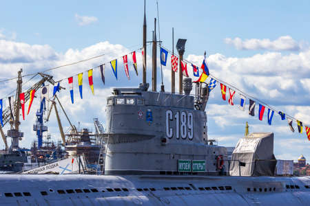 St. Petersburg, Russia - July, 24,2021: Submarine Museum C-189 on the embankment of Lieutenant Schmidt in St. Petersburg.のeditorial素材