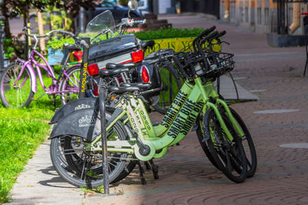 St. Petersburg, Russia -September, 05,2021: Rental bicycles on the street in St. Petersburg. Bicycle sharing in the city.のeditorial素材