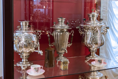 Tula, Russia - April, 30, 2021: Exhibits of the Tula Museum of samovars - Russian traditional teapots for boiling water and making tea.のeditorial素材