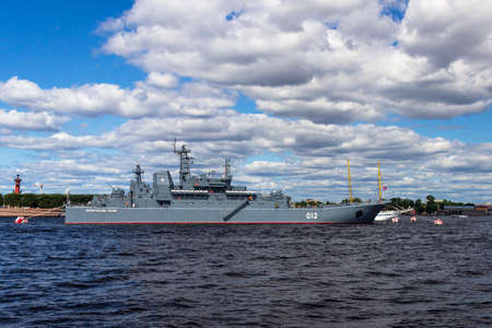 St. Petersburg, Russia - July, 24,2021: Project 775 large landing ship (BDK-91) "Olenegorsk Miner" (Ropucha class) at the celebration of the Navy Day.のeditorial素材