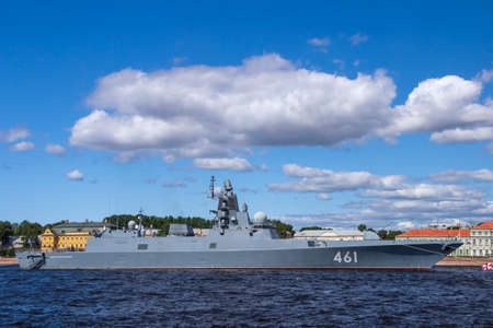 St. Petersburg, Russia - July, 24,2021: Project 22350 multipurpose guided missile frigate "Admiral of the Fleet Kasatonov" at the Navy Day parade in St. Petersburg.のeditorial素材
