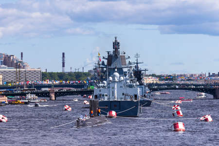 St. Petersburg, Russia - July, 24,2021: Project 22350 multipurpose guided missile frigate "Admiral of the Fleet Kasatonov" at the Navy Day parade in St. Petersburg.のeditorial素材