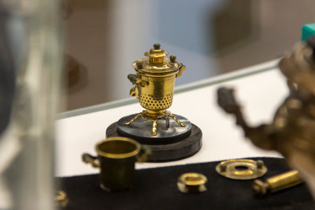 Tula, Russia - April, 30, 2021: Russian samovars in the interior of the samovar museum in Tula.のeditorial素材