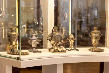 Tula, Russia - April, 30, 2021: Russian samovars in the interior of the samovar museum in Tula.