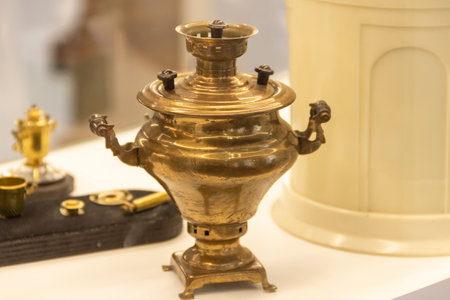 Tula, Russia - April, 30, 2021: Russian samovars in the interior of the samovar museum in Tula.のeditorial素材