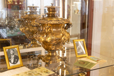 Tula, Russia - April, 30, 2021: Russian samovars in the interior of the samovar museum in Tula.のeditorial素材