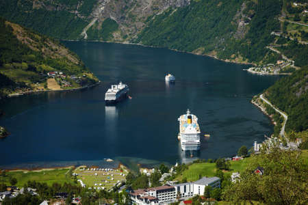 Geiranger village view from the Flydalsjuvet in Norwayの写真素材