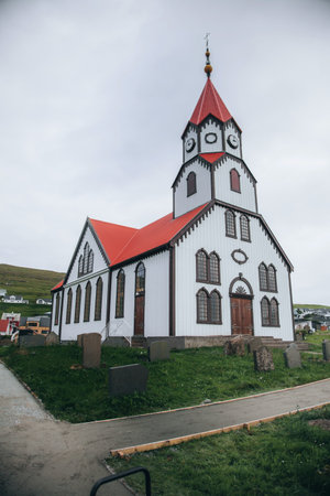SandavÃ¡gur kirkja (church) in Sandavagur, Faroe Islandsの写真素材