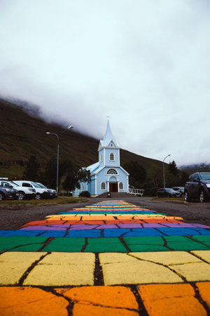 SeyÃ°isfjarÃ°arkirkja Church in the East of Icelandの写真素材