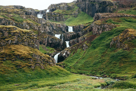 Klifbrekkufossar Waterfalls in the East of Icelandの写真素材