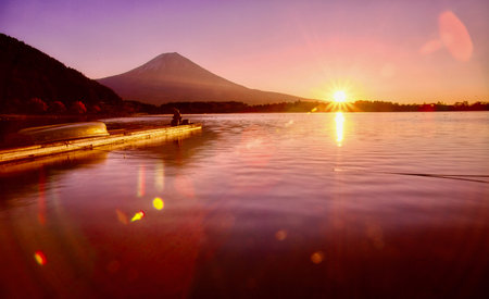 Mount Fuji sunrise from Lake Tanukiの写真素材