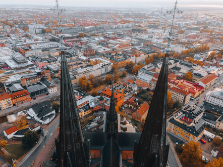Aerial views of Uppsala Cathedral in Uppsala, Swedenの写真素材