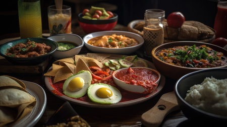 Traditional mexican food served on wooden table with tortillas and salsaの素材